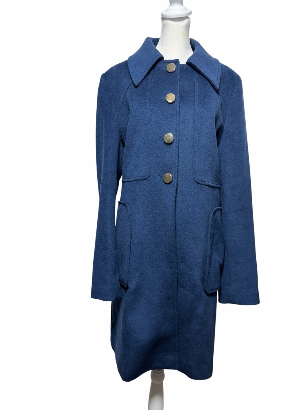 Tahari Navy Wool Blend Coat Gold Buttons Scalloped Hem Women’s 14